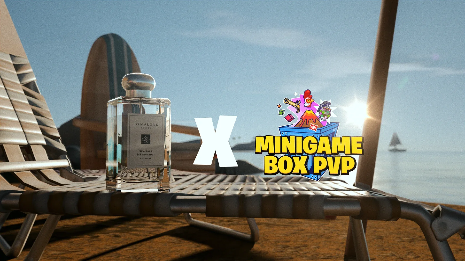 Jo Malone London Sea Salt & Bergamot bottle beside the Minigame Box PvP logo on a sunlit coastal deck