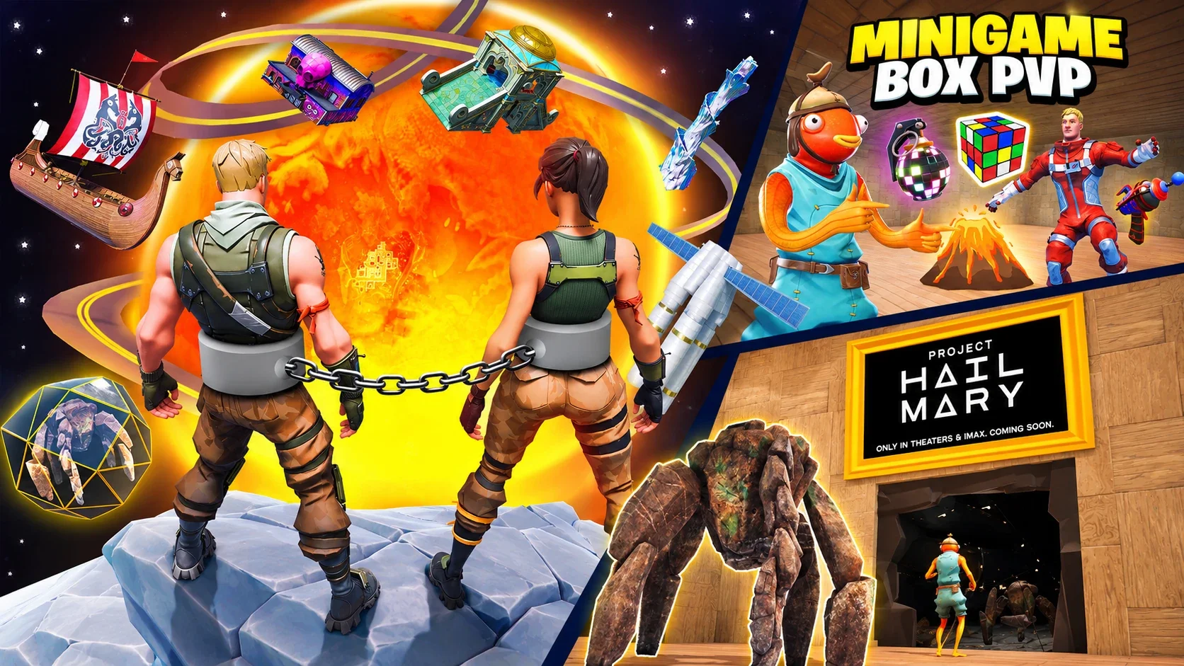 Project Hail Mary campaign montage featuring Chained Together, Minigame Box PvP and Rocky beside the branded lobby portal